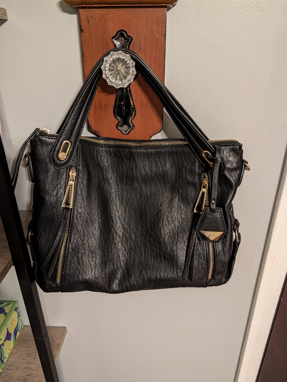 Jessica Simpson Black Leather Tote Bag with Gold Hardware